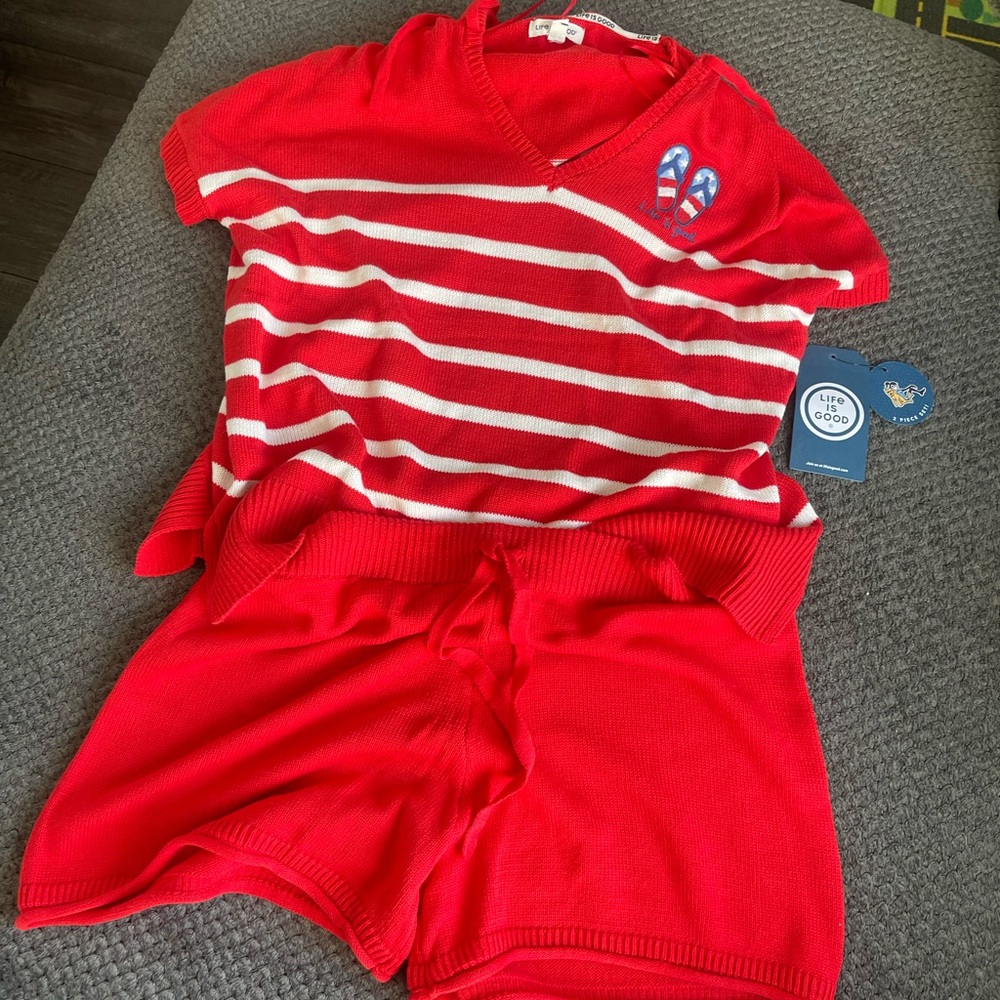 Life Is Good Red and White Striped Knit Set